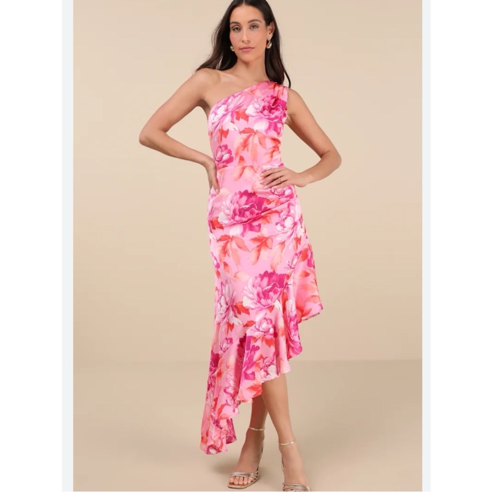 NWT Lulus Divinely Blooming Floral One-Shoulder Pink Dress Sz Extra Large